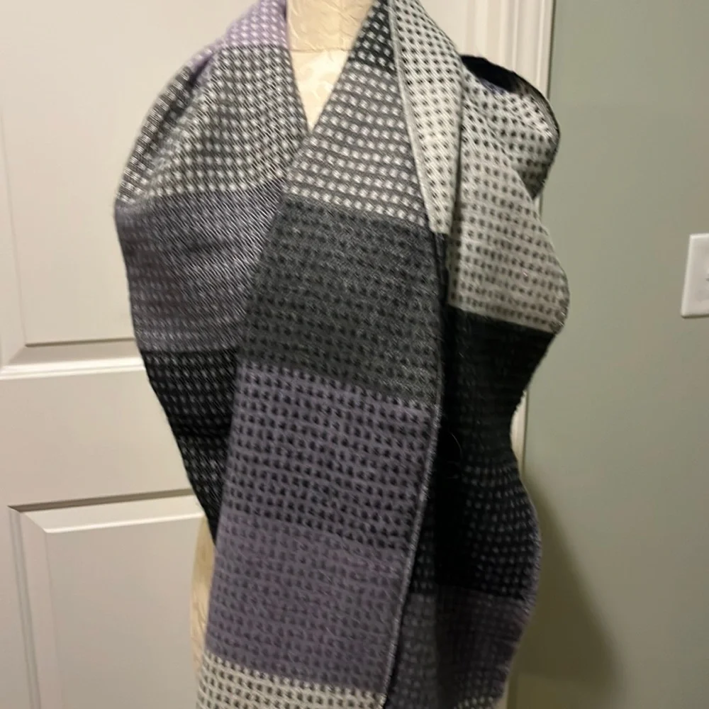 Men’s lightweight winter scarf hundred percent acrylic in grays, black and cream